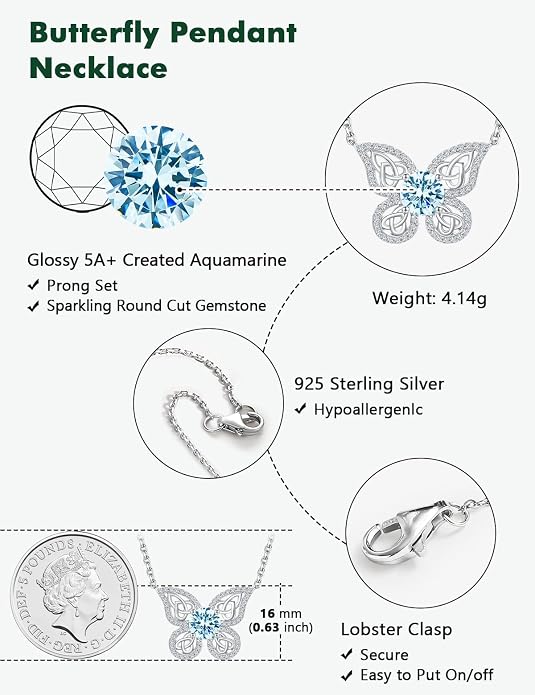 925 Sterling Silver Birthstone Necklaces for Women, Dainty Cute Dragonfly/Butterfly Pendant Necklace, Great Christmas/Anniversary Jewelry for Mother
