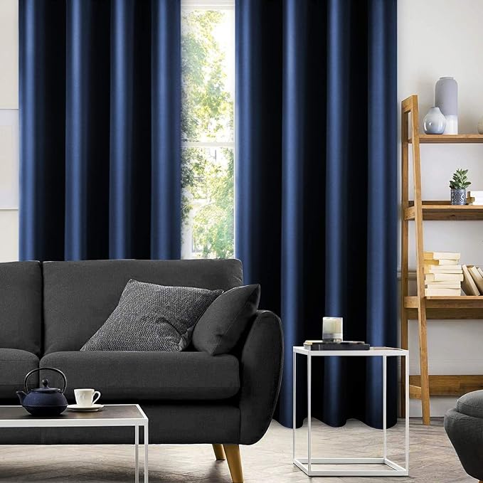 HOMEIDEAS 2 Panels Navy Blue Faux Silk Blackout Luxury Curtains, 52 X 108 Inch Room Darkening Satin Thermal Insulated Window Drapes for Bedroom Decor, Indoor, Living Room