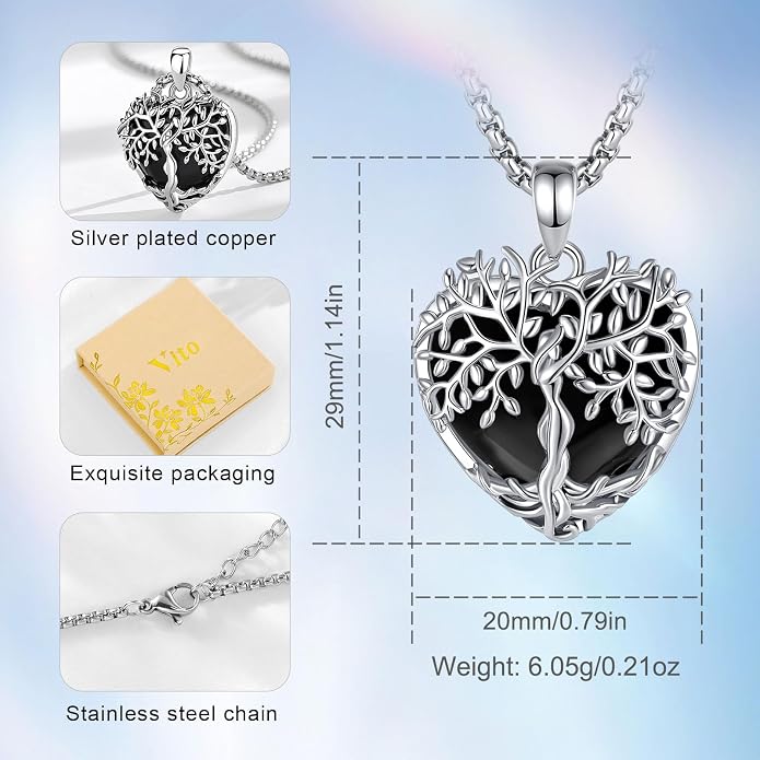 Vito Tree of Life Necklace for Women Men, Silver Plated Copper Teardrop Moonstone/Obsidian/Turquoise/Amethyst/Malachite Crystal Tree Necklace Protection Energy Amulet Jewelry Gift for Mom Wife, 20+2"