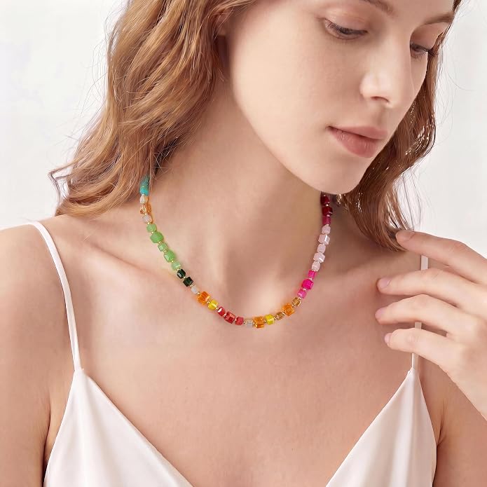 LALAPPLE Colorful Beaded Gemstone Necklace for Women, Boho Rainbow Bead Choker with Natural Stone Crystal Beads, Handmade Summer Beach Necklace Jewelry