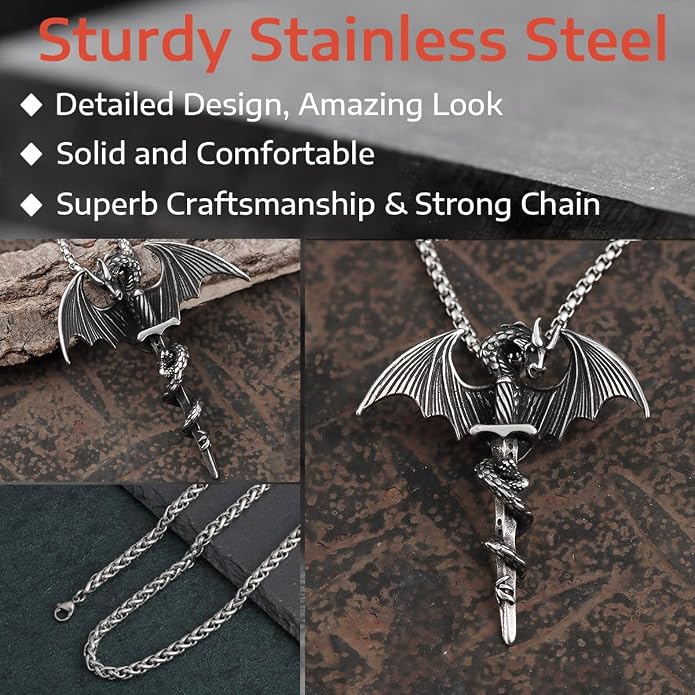 GTHIC Stainless Steel Nordic Viking Dragon Pendant Necklace Vintage Sword Jewelry With Chain