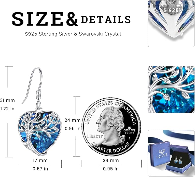 Dangle Earrings Sterling Silver Moonstone/Turquoise/CZ/Crystal Earrings for Women Tree of Life Animal Filigree Leverback Earrings Jewelry Gifts