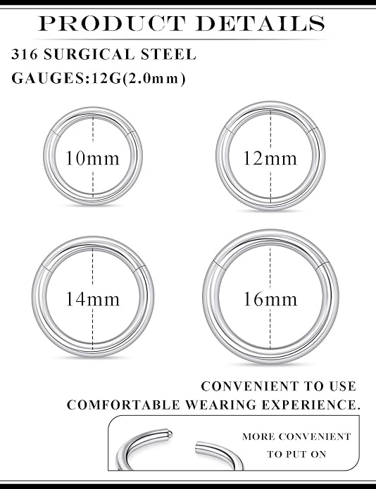 20G 18G 16G 14G 12G 10G 8G 6G Nose Rings Hoops 316l Surgical Steel Clicker Septum Lip Ring Tragus Helix Daith Rook Conch Snug Cartilage Lobe Earrings Hoop Piercing Jewelry For Women Men