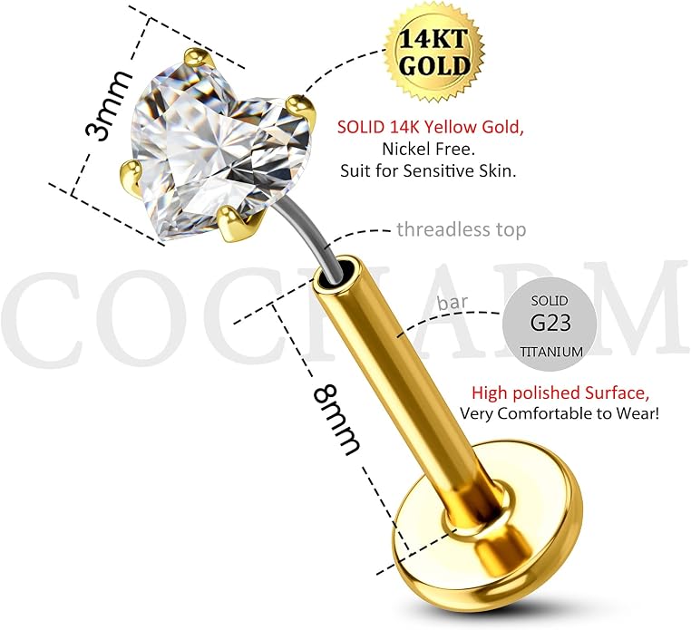 Cocharm 14K Gold Cartilage Earring Stud Yellow Gold Flat Back Helix Stud Push in Tragus Earring