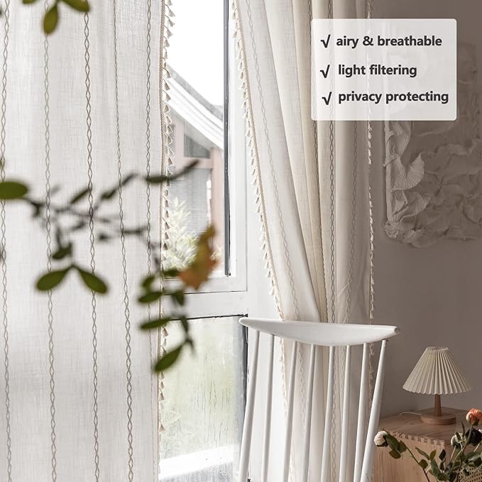 Boho Linen Curtains Off White - 96" Long, 2 Panels for Living Room, Bedroom - Embroidery Country Farmhouse Style - Light Filtering - Rod Pocket Drapes 52" W x 96" L