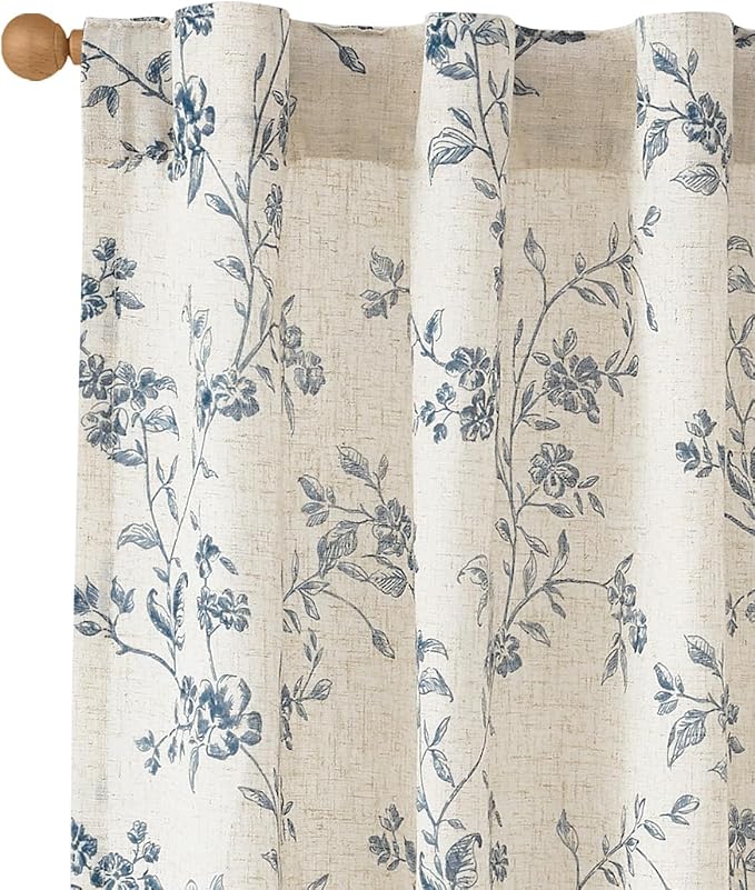 jinchan Blue Floral Linen Curtains 90 Inch French Country Back Tab 2 Panels | Flower patterned drapes, farmhouse, printed, light filtering, bedroom, living room, kitchen, window treatment, rod pocket