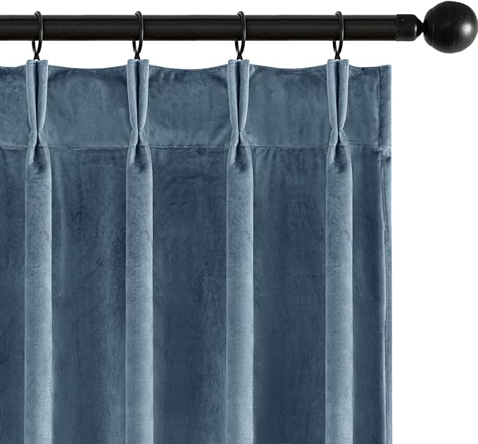 MIULEE Stone Blue Velvet Curtains 90 inches Long, Pinch Pleated Blackout Drapes with Hooks, Thermal Insulated Pinch Pleat Panels for Bedroom Living Room, 2 Panels