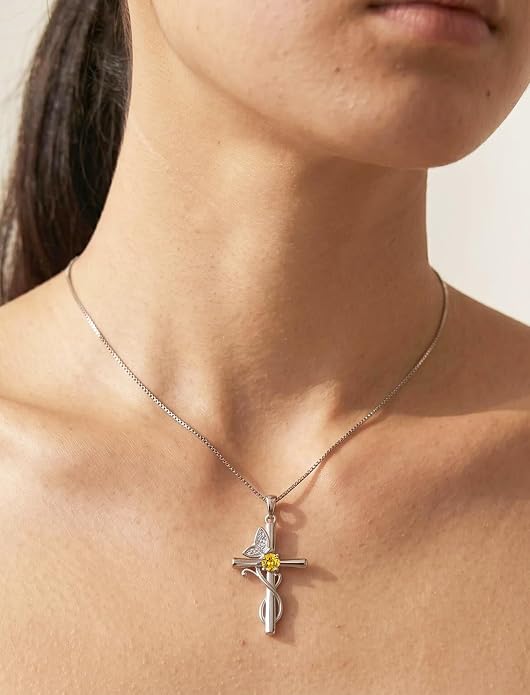 STARCHENIE Butterfly Cross Necklace 925 Sterling Silver Crucifix Pendant Birthstone Jewelry for Women