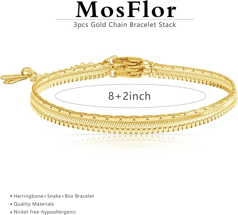 Gold Bracelets for Men Trendy - Dainty Gold Plated Stainless Steel Snake Link Bracelet Stack Rope Figaro Herringbone Chain Bracelets Set Adjustable Cuban Link Bracelet for Men Birthday Gifts for Man