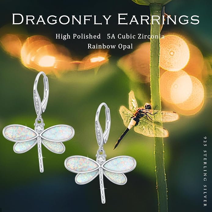 CUOKA MIRACLE Dragonfly Earrings 925 Sterling Silver Hoop Dragonfly Earrings Dangle Drop Opal Earring Dragonflies Jewelry Gifts for Women Wife