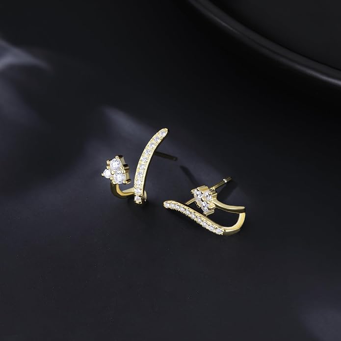 Reffeer Solid 925 Sterling Silver CZ Crawler Earrings Cuff for Women Teens CZ Wrap Stud Earrings Hypoallergenic