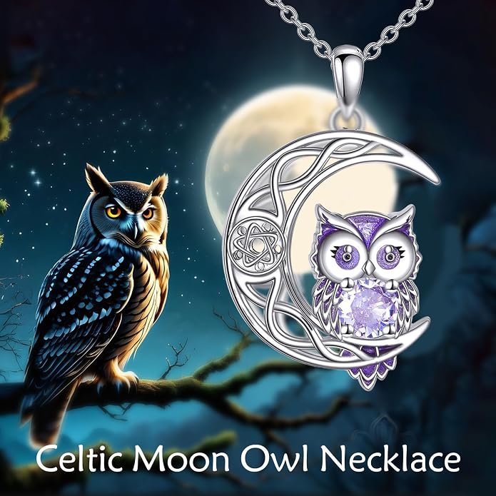 Owl Birthstone Necklace Sterling Silver Celtic Moon Pendant Cubic Zirconia Owls Jewelry Birthday Gifts for Women Men