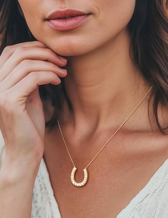 Luck Horseshoe Necklace 14K Gold Plated/Sterling Silver Created Gemstone Pendant with Chain Channel Set U Shaped Charm Necklace Birthstone Jewelry