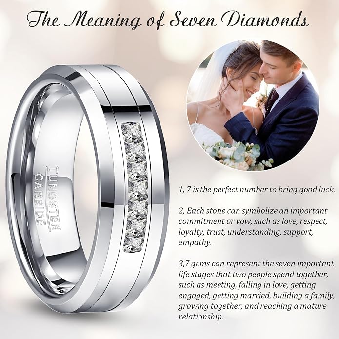 NUNCAD 8 MM Men's Tungsten Carbide Rings Wedding Band with 7 Large Channel Set Cubic Zirconia Size 7 to 12