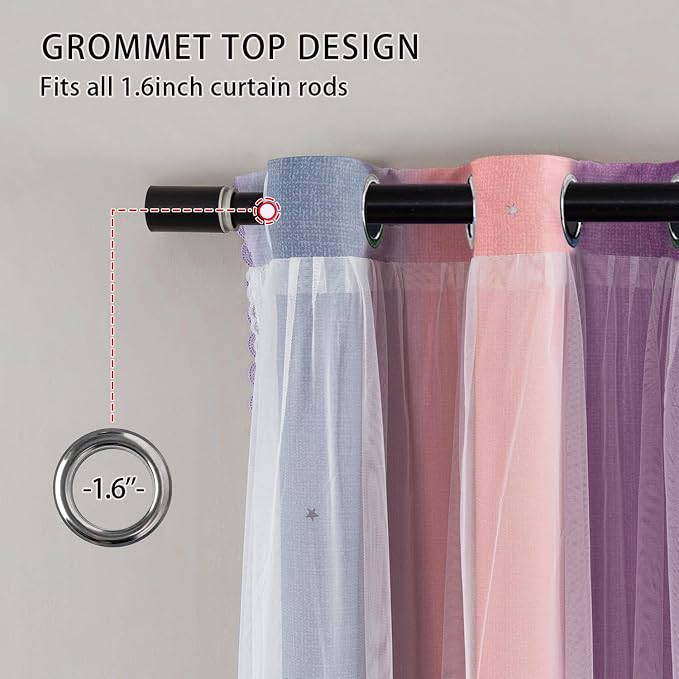 XiDi 90 Inches Curtains for Girls Bedroom 2 Panels Set, Blackout Rainbow Curtains for Kids Room Decor, Unicorn Wall Decals Drapes for Little Girl Nursery Room Grey/Pink/Purple 34 Inches Wide