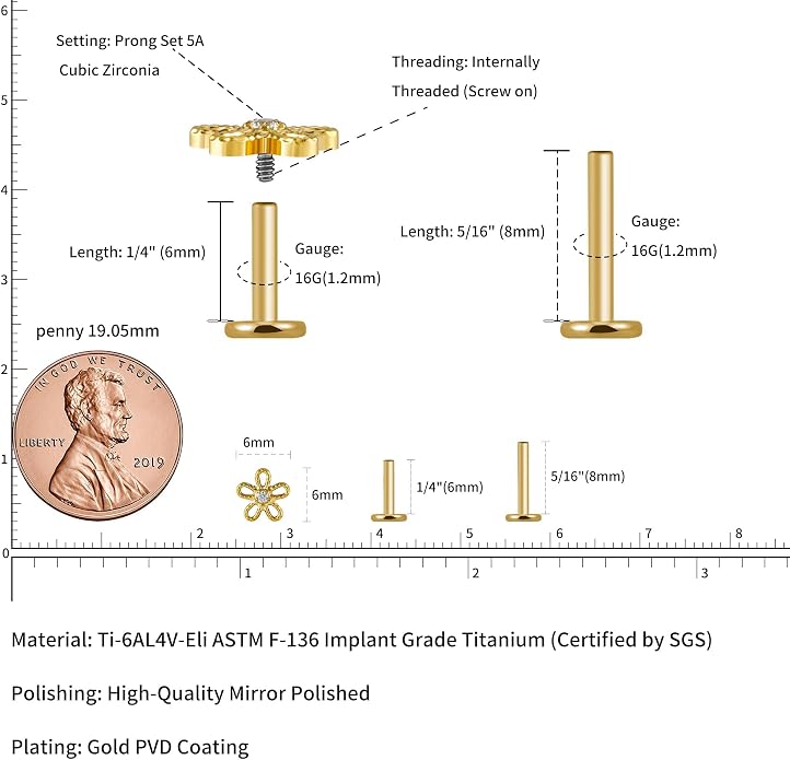 FINE4U 1PC ASTM F136 Titanium 16G Flatback Stud for Tragus, Helix, Conch 6mm 8mm - Screw on Cartilage Earring Piercing Jewelry