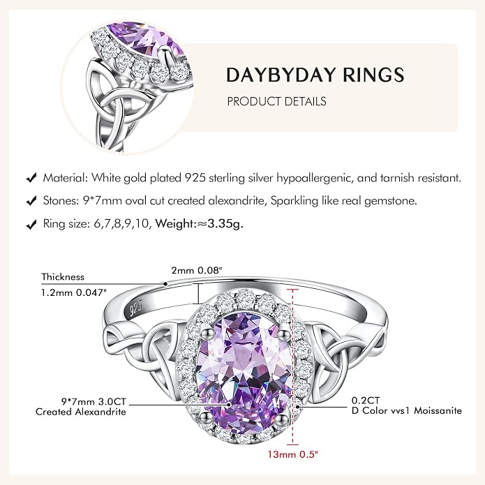 DAYBYDAY Celtic Birthstone Rings for Women 925 Sterling Silver Heart/Round/Pear/Oval Created Gemstone Moissanite Halo Engagement Promise Rings for Her Wife Birthday Anniversary Wedding Jewelry