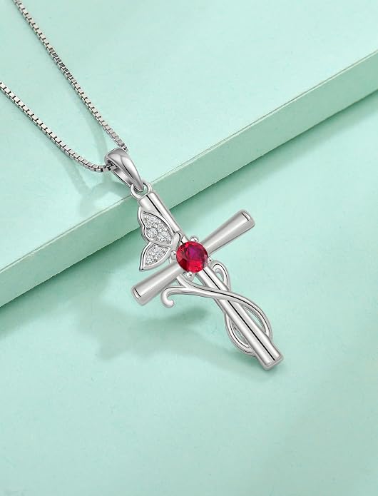 STARCHENIE Butterfly Cross Necklace 925 Sterling Silver Crucifix Pendant Birthstone Jewelry for Women