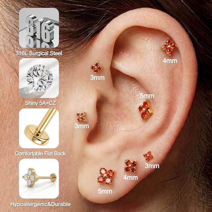 FANSING Short Threadless Cartilage Earring Stackable CZ Birthstone Flat Back Earrings for Women Small Stud Earrings for Tragus Helix Earlobe 18K Gold Plated ‌Rainbow 5.0mm