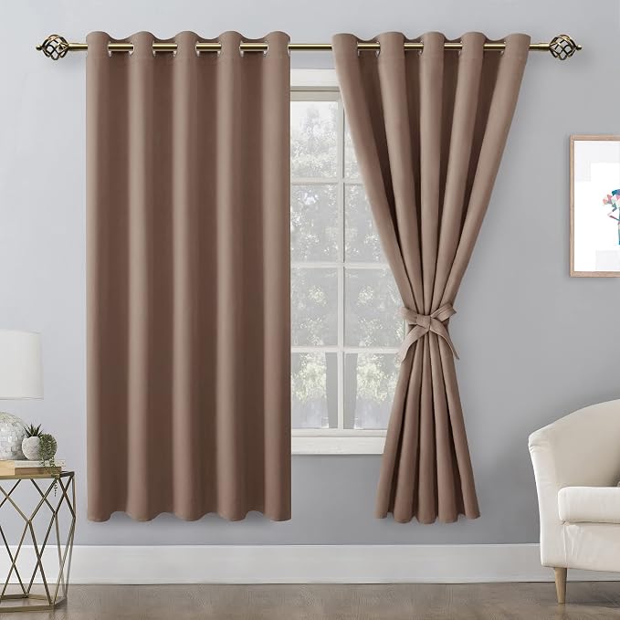 Hiasan Blackout Curtains for Bedroom, 60 x 63 Inches Length - Thermal Insulated & Light Blocking Window Curtains for Living Room, 2 Drape Panels Sewn with Tiebacks, Cappuccino