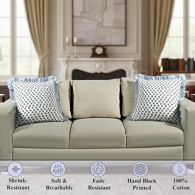 Ridhi Block Print Baby Blossoms Throw Pillow Cover 20" x 20" (Pack of 2) Decorative Cushion Covers with Ruffle for Couch, Sofa, Bed, Living Room, Home Decor Gift for Spring, Easter, Valentine