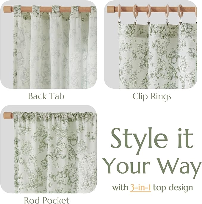 jinchan Linen Floral Curtains for Living Room 96 Inch Long Sage Green Printed Flower French Country Curtain Farmhouse Cottage Core Toile Curtains Back Tab Light Filtering Window Drapes Set 2 Panels