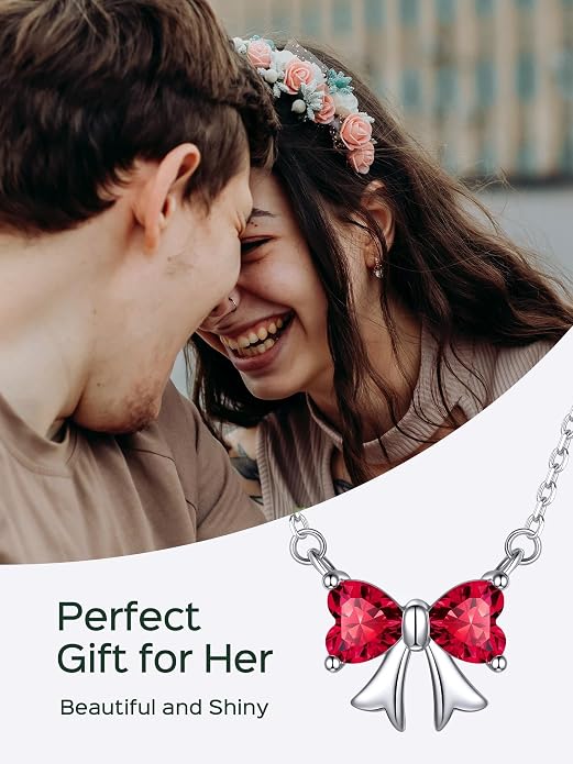 ChicSilver Bow and Cat Birthstone Necklace, 925 Sterling Silver Pendant Necklaces for Women, Hypoallergenic Silver Choker with 16 inch Rolo Chain, 12 Months Jewelry for Valentines Mothers Day Christmas