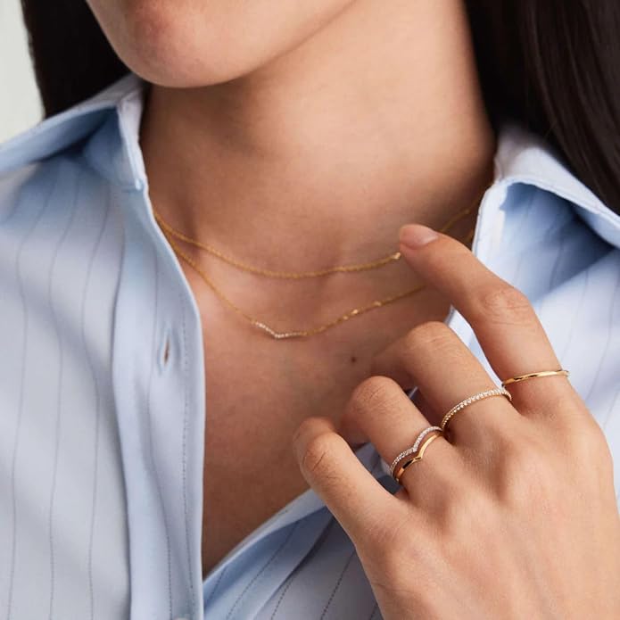 Kainier 2pairs Stacking Rings for Women 1mm 14K Gold Plated CZ V-Shaped Wavy Band Thin Pinky Thumb Stackable Ring Set Dainty Non Tarnish Comfort Fit Size 5 to 10