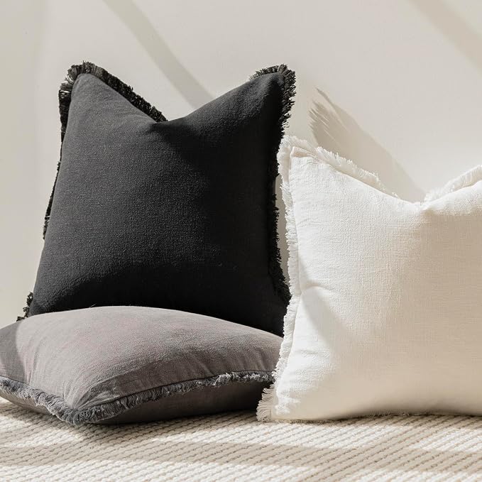Foindtower Set of 2 Decorative Linen Fringe Throw Pillow Covers Cozy Farmhouse Boho Cushion Cover with Tassels Soft Accent Pillowcase for Couch Sofa Bed Living Room Home Decor 20×20 Inch Black
