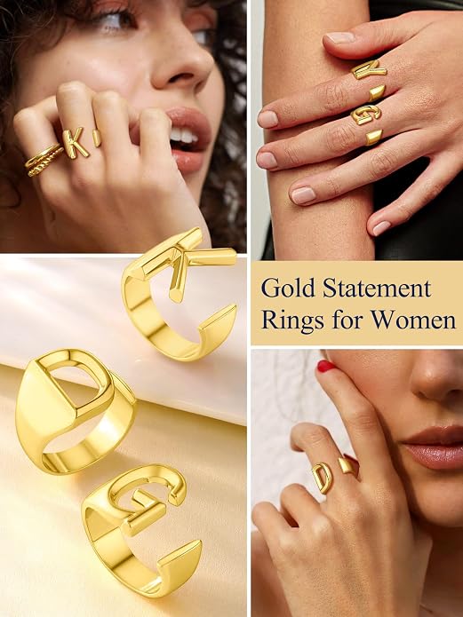 Suplight Nikel Free 18K Gold Plated Letter Rings, Fashion Monogram Jewelry Statement A-Z Wide Name Initial Alphabet Adjustable Open Ring for Women