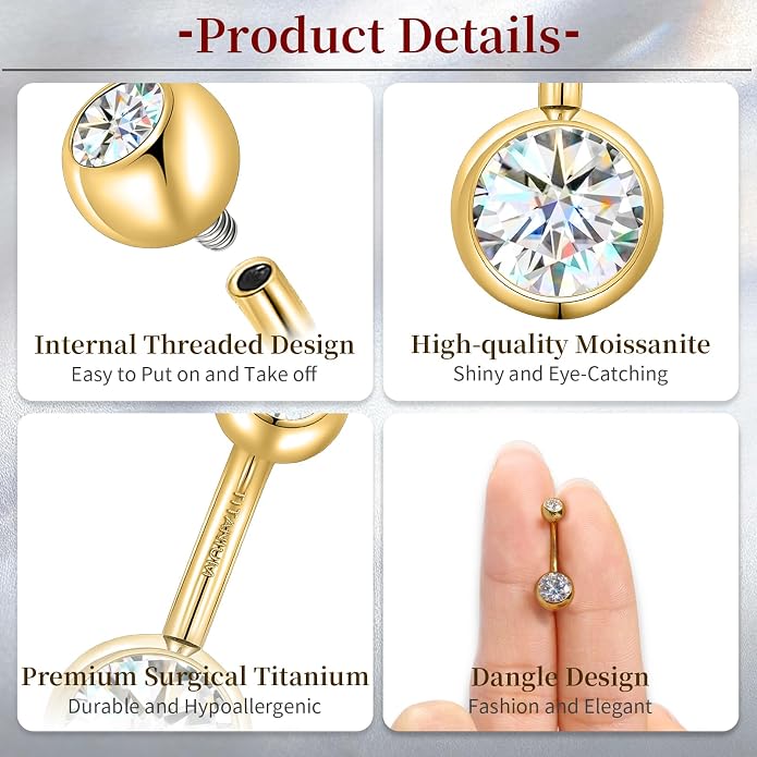limerencia Moissanite Belly Button Ring, G23 Titanium Hypoallergenic Internally Threaded Navel Jewelry, Curved Dangle Belly Ring Piercing Jewelry for Women, Men