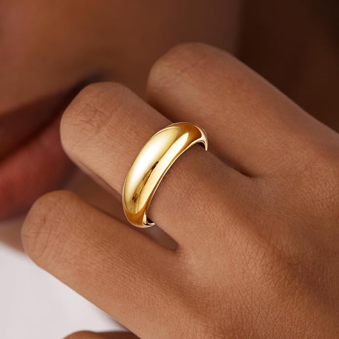 Non Tarnish Gold Chunky Rings for Women, 14K Gold Plated Statement Dome Rings Stacking Silver, Adjustable Mens Eternity Wedding Band Mixed Metal Jewelry Size 3-13