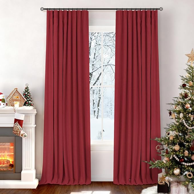 INOVADAY 100% Blackout Curtains for Bedroom, Ruby Red Black Out Curtains 96 Inch Long, Clip Rings Linen Blackout Drapes, Thermal Insulated Room Darkening for Living Room, 2 Panels - W50xL96
