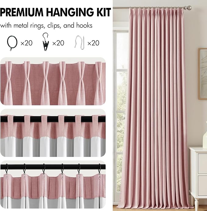 MIULEE Pink Pinch Pleated 100% Blackout Linen Curtains for Bedroom, Room Darkening Memory Trained Light Blocking Window Curtains 102 inches Long for Living Room, Black Out Pleat Drapes, 2 Panels
