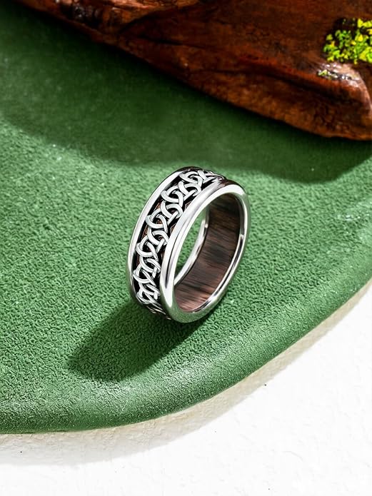 Wooden Celtic/Cross Ring 925 Sterling Silver Wedding Band Wood Mens Rings Engagement Ring Jewelry Gift for Men Women Size 8-14