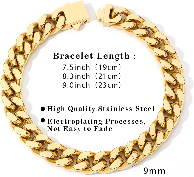 Stainless Steel Cuban Link Bracelet for Men - Gold/Silver Plated Miami Curb Chains Bracelet - Cuban Hand Chain Wrist Bracelet Hip Hop Jewelry, 9mm/11mm Width, 7.5"/8.3"/9"