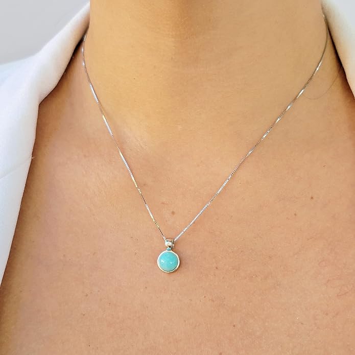 Natural gemstone 8mm round pendant with white gold over 925 sterling silver bezel cabochon plate and box chain, real genuine dainty birthstone gift for her, uniquelan jewelry
