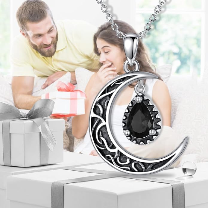 VONALA Crescent Moon Necklace Sterling Silver Emerald/Red/Purple/Black/Rainbow Topaz/Green/Aquamarine/Blue/Moss Agate Celtic Moon Teardrop Necklace Celtic Jewelry Gifts for Women Birthday