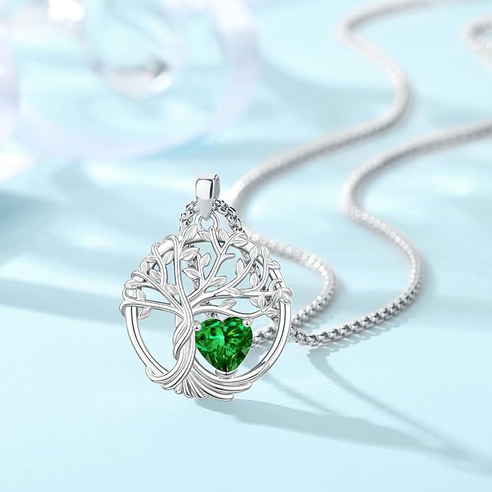 Birthstone Tree of Life Necklace for Women Heart Crystal Pendant Silver Plated Birthday Anniversary Jewelry for Wife, Mom, and Her