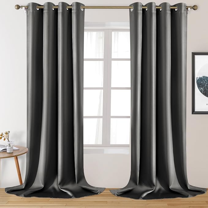 HOMEIDEAS 2 Panels Dark Grey Faux Silk Blackout Luxury Curtains, 52 X 108 Inch Room Darkening Satin Thermal Insulated Window Drapes for Bedroom Decor, Indoor, Living Room