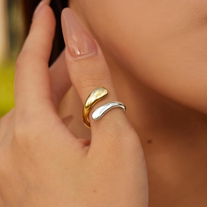 Non Tarnish Gold Chunky Rings for Women, 14K Gold Plated Statement Dome Rings Stacking Silver, Adjustable Mens Eternity Wedding Band Mixed Metal Jewelry Size 3-13