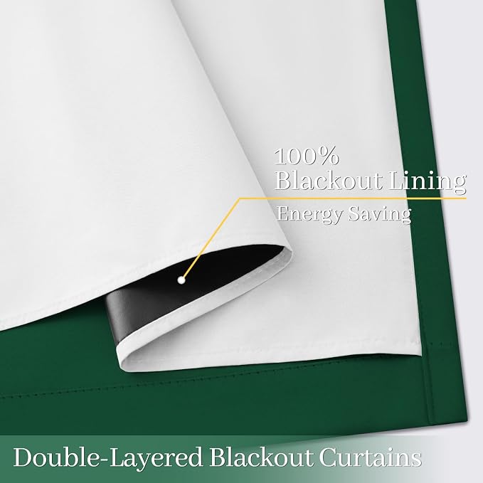 Yakamok Dark Green 100% Blackout Curtains 63 Inches Long 50" Wide 2 Panels | Blackout Curtain Panels for Bedroom, 2 Thick Layers Grommet Top Thermal Insulated Drapes with White Back for Living Room