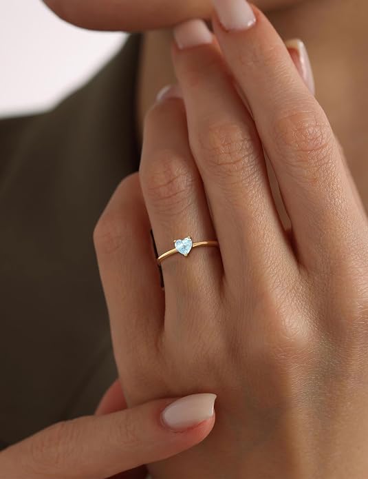 WFYOU Gold Heart Birthstone Rings for Women 14K Gold Plated Non Tarnish Stackable Pinky Cubic Zirconia Rings Emerald Dainty Gemstone Thumb Ring Band Cute Jewelry Birthday Gift Size 5-10