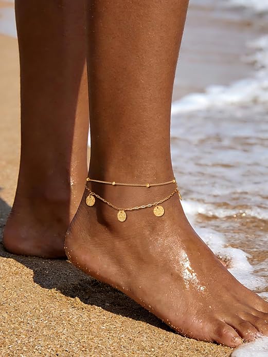 FOCALOOK 14K Gold Plated Anklets for Women Waterproof Plus Size Ankle Bracelet 8.5-10.5 Inch Adjustable Mariner/Figaro/Flat Snake/Cuban Link Chain Anklet Jewelry for Summer Beach Holiday