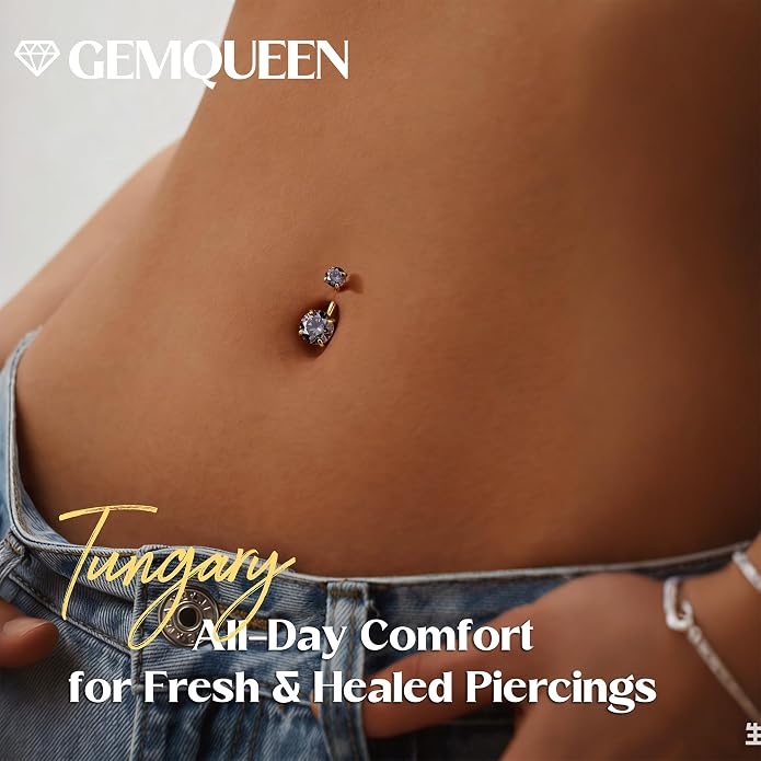 GEMQUEEN Moissanite ＆ G23 TItanium Belly Button Ring 18K Gold Plated Hypoallergenic Internally Threaded Belly Rings 14G Navel Piercing Jewelry For Women Men D Color VVS1 Clarity Brilliant Cut