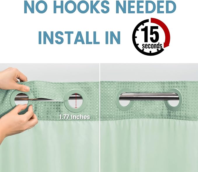 EUTXL Heavyweight Mint Green Long No Hook Shower Curtain with Snap in Liner,256GSM Waffle Weave Shower Curtains for Bathroom,71W x 86H