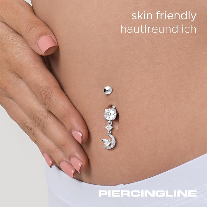PIERCINGLINE Belly Button Piercing CRYSTAL MOON + CRYSTAL HEART surgical steel, skin-friendly