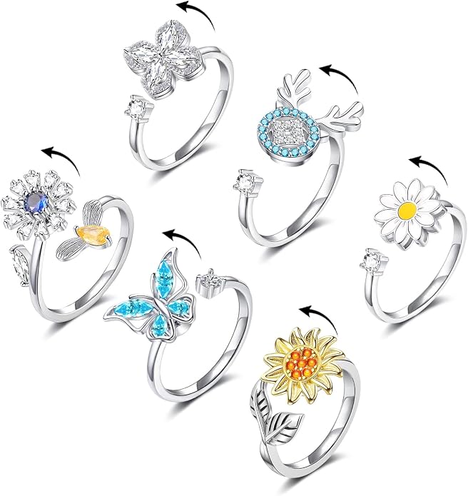 KOHOTA Fidget Rings for Women Spinner Ring for Anxiety Adjustable CZ Sunflower Butterfly Rose Star Moon Stress Relief Open Rings Set…