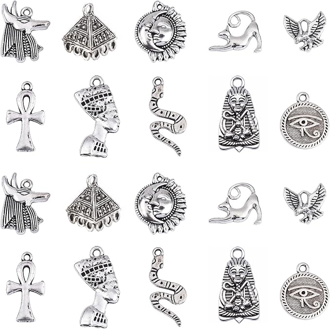 DanLingJewelry 100 pcs 10 Styles Egyptian Theme Antique Sliver Charms Pharaoh Pyramid Ankh Cross Evil Eye Snake Charms for Jewelry Making