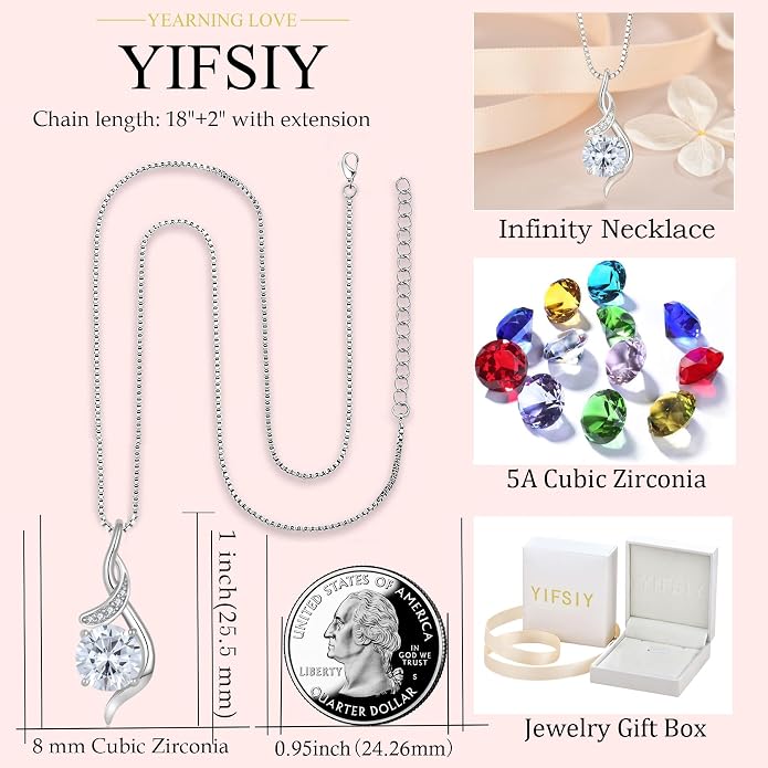 Women‘s Birthstone Pendant Necklace S925 Sterling Silver Imitation Diamond Infinity Necklace Jewelry Gift for Her